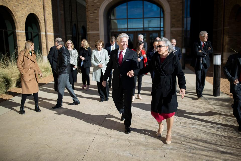 Rick Francis and wife Ginger Francis walk through campus before the unveiling of the newly named Francis Graduate School of Biomedical Sciences, before a special meeting of the Texas Tech University System Board of Regents in El Paso, Texas, Thursday, February 24, 2022. Rick and Ginger Francis gifted a $10 million endowment to the Graduate School of Biomedical Service’s Center at Texas Tech University Health Sciences Center.