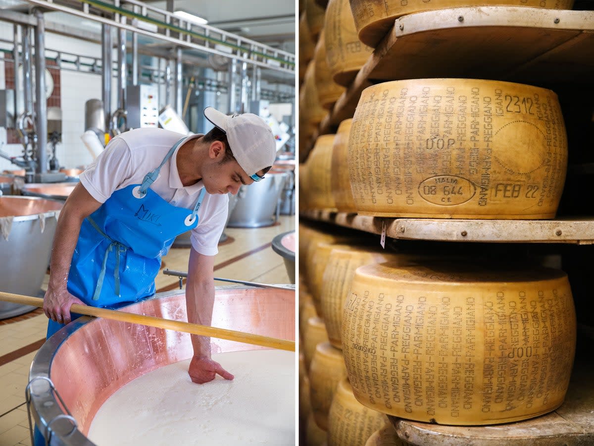 A worker at Caseificio Gennari tests the curds; Parmigiano Reggiano wheels ageing in the warehouse (Big Mamma)