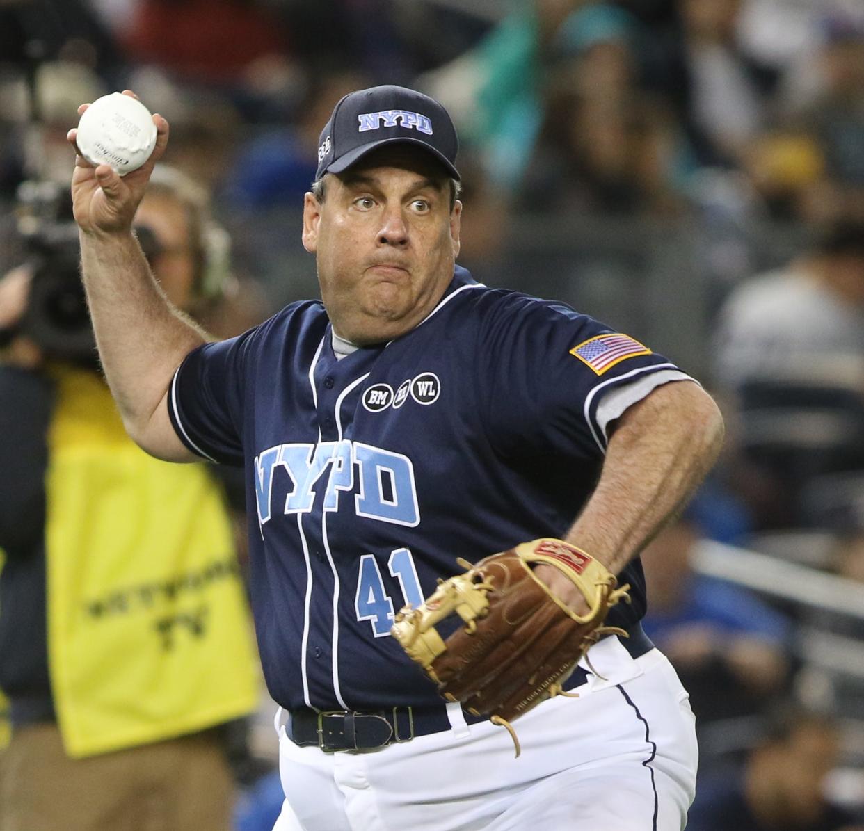 The True Blue Benefit Softball Game at Yankee Stadium.  Governor Chris Christie playing third base.  June 3,   2015.