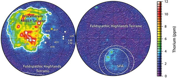 Distribution of thorium on the lunar surface from the Lunar Prospector mission (NASA) 