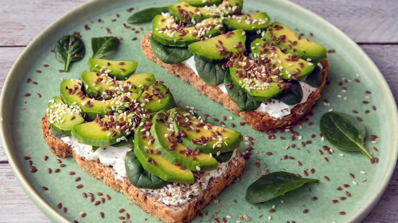 Avocado toast topped with flaxseed