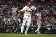 St. Louis Cardinals relief pitcher JoJo Romero celebrates after striking out Philadelphia Phillies' Kyle Schwarber with the bases loaded to end the top of the seventh inning of a baseball game Tuesday, April 9, 2024, in St. Louis. (AP Photo/Jeff Roberson)