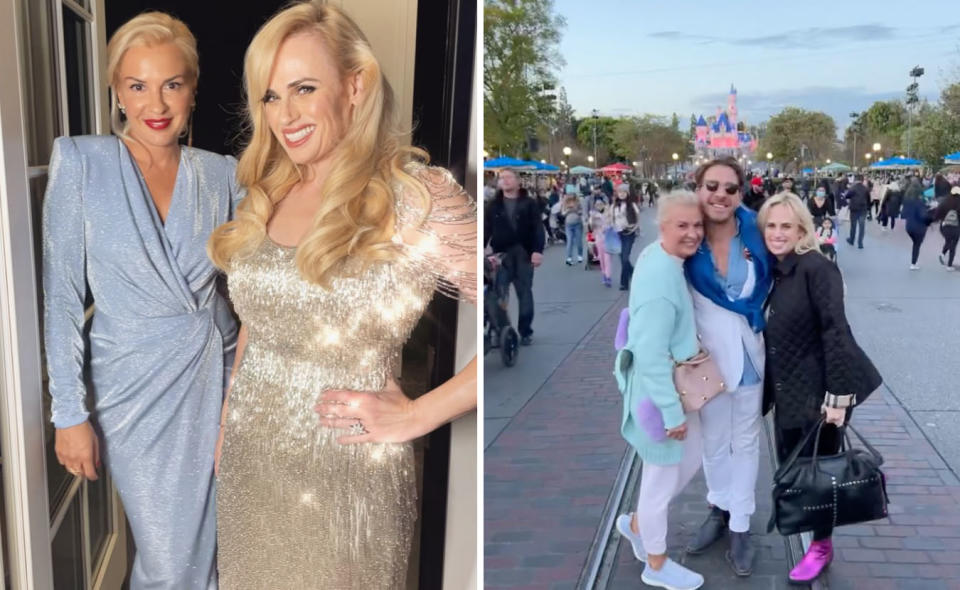 Left: Rebel Wilson in a sparkly gold dress and Ramona in a shimmery light blue dress. Right: Ramona, Rebel and Hugh at Disneyland.