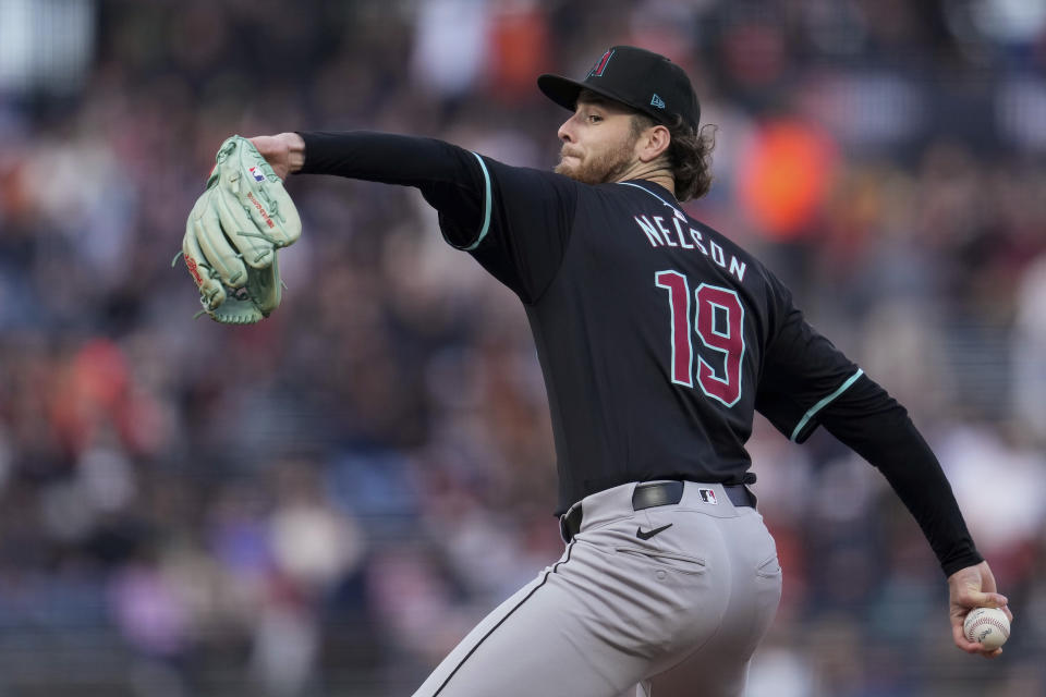 Arizona Diamondbacks pitcher Ryne Nelson throws to a San Francisco Giants batter during the first inning of a baseball game Thursday, April 18, 2024, in San Francisco. (AP Photo/Godofredo A. Vásquez)