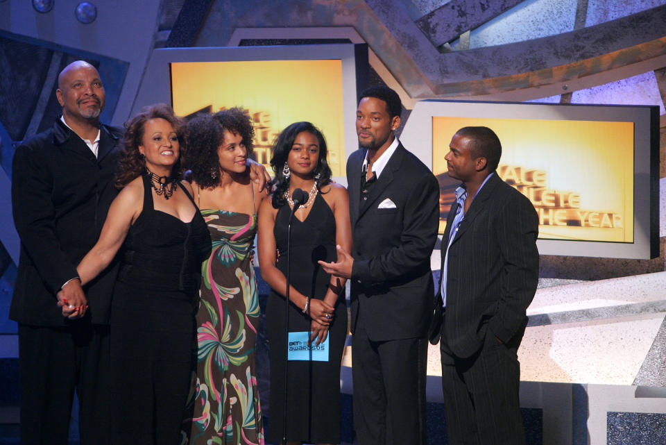 James Avery, Daphne Reid, Karyn Parsons, Tatyana Ali, Will Smith, Alfonso Ribeiro stand onstage at the BET Awards 05 at the Kodak Theatre on June 28, 2005 in Hollywood, California.