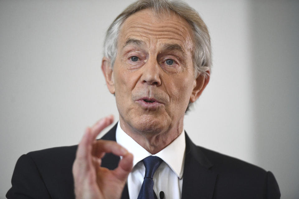 Britain's former Prime Minister Tony Blair delivers a speech on progressive politics in an era of populism at the Royal Academy in London, Wednesday Nov. 14, 2018. (Victoria Jones/PA via AP)