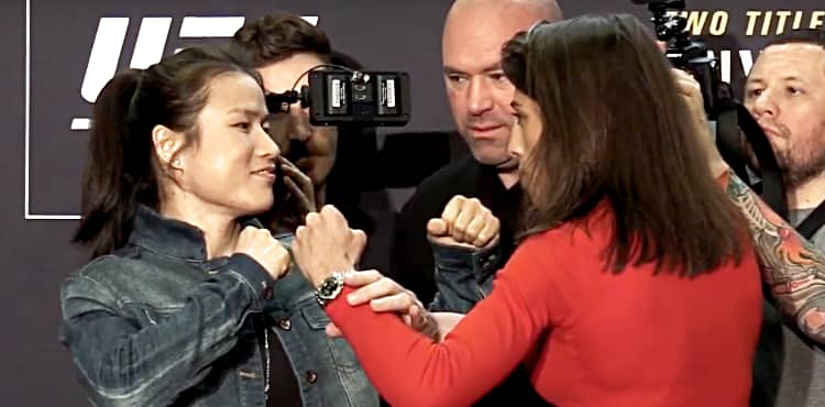 UFC 248 media day staredown - Weili vs Joanna