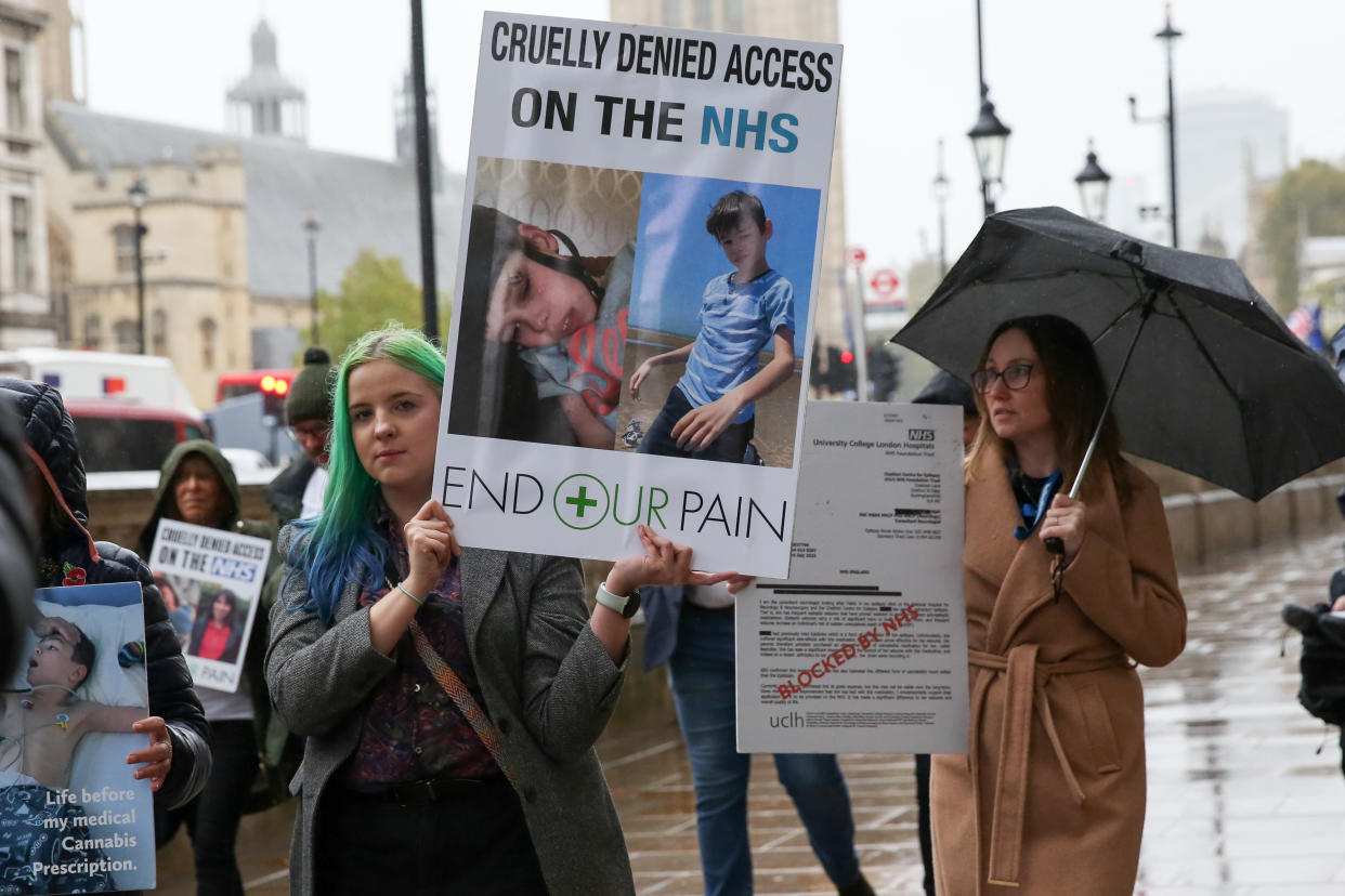 LONDON, UNITED KINGDOM - 2023/11/08: Supporters from the End Our Pain Campaign march in Westminster during the demonstration on behalf of patients fighting to get a licence to use medical cannabis. (Photo by Steve Taylor/SOPA Images/LightRocket via Getty Images)