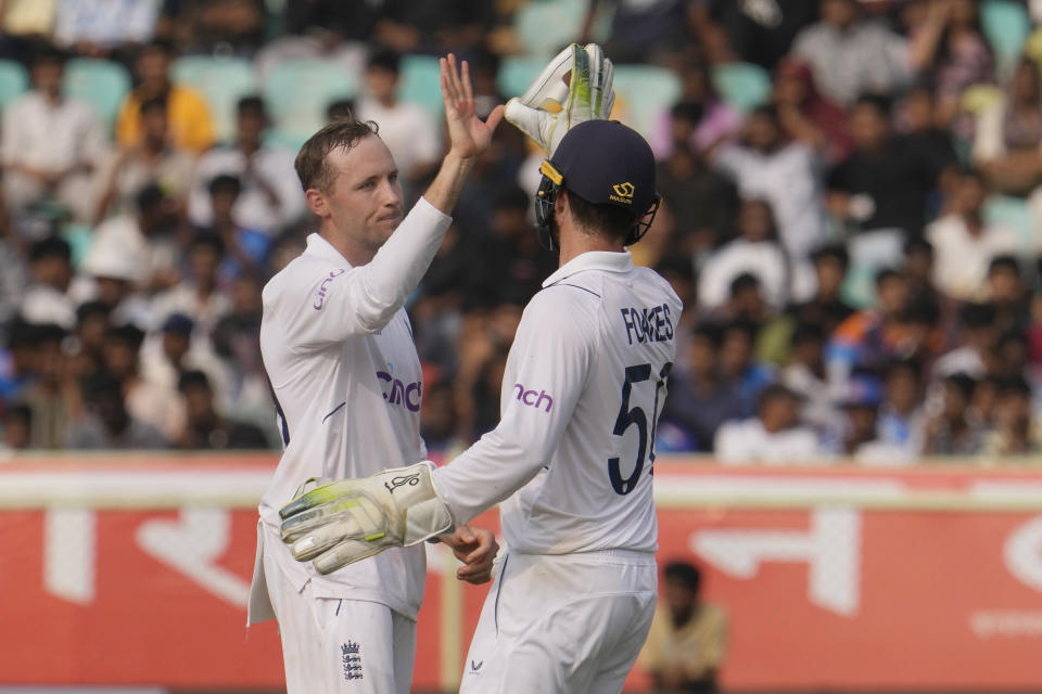 England's Tom Hartley celebrates the wicket of India's Jasprit Bumrah on the third day of the second cricket test match between India and England in Visakhapatnam, India, Sunday, Feb. 4, 2024. (AP Photo/Manish Swarup)