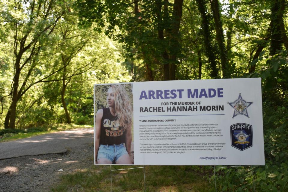 Pictured is a sign of Rachel Morin posted at a Ma & Pa Trail head in Bel Air, Maryland. Morin's body was found on the trail in August 2023.