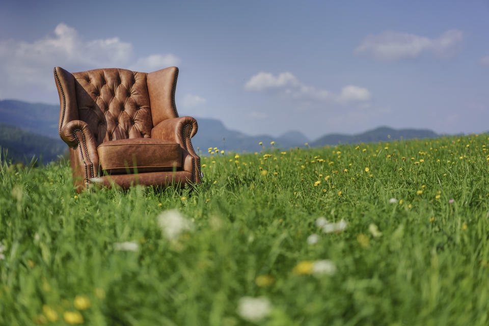 Ledersessel / Stuhl auf einer Wiese in der Landschaft stehend