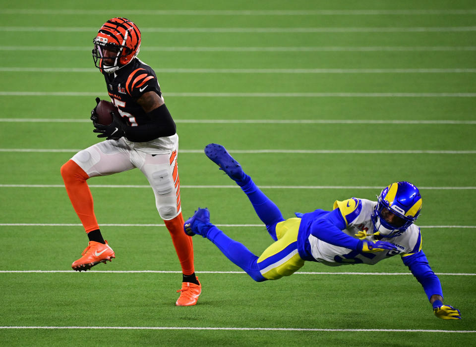 Tee Higgins got away with a penalty to open the second half of the Super Bowl. (Gary A. Vasquez/Reuters)