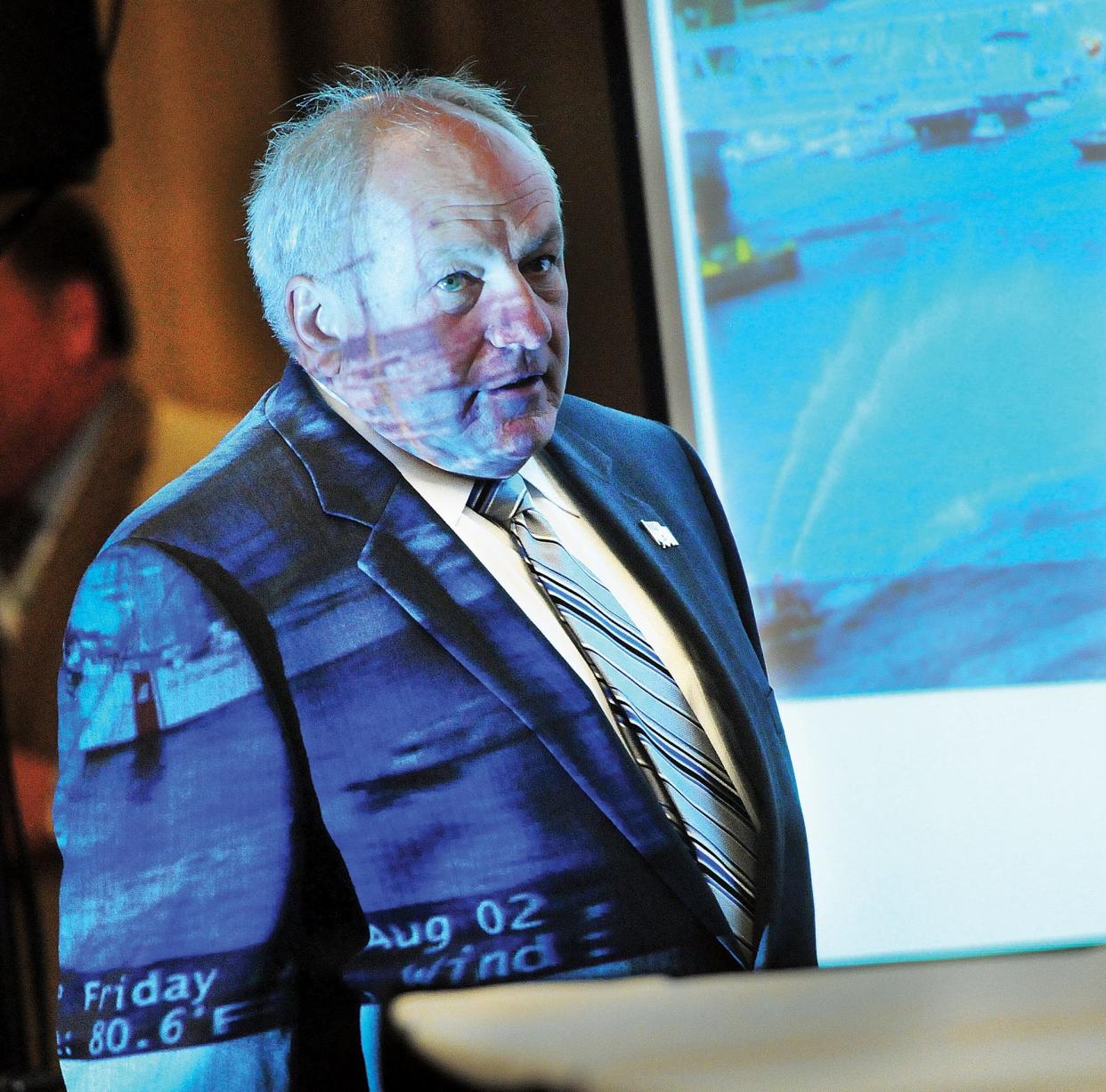 Geno Marconi, Director of Ports and Harbors, steps up to take his spot at a business roundtable discussion 
at the Annual NASTO Conference held in Portsmouth on Monday, June 9, 2014.
Deb Cram photo