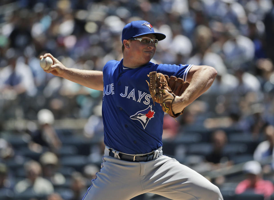 Toronto Blue Jays starting pitcher Trent Thornton throws during the first inning of a baseball game against the New York Yankees at Yankee Stadium, Wednesday, June 26, 2019, in New York. (AP Photo/Seth Wenig)
