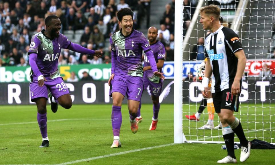 Son Heung-min celebrates scoring Tottenham’s third goal just before half-time at St James’ Park