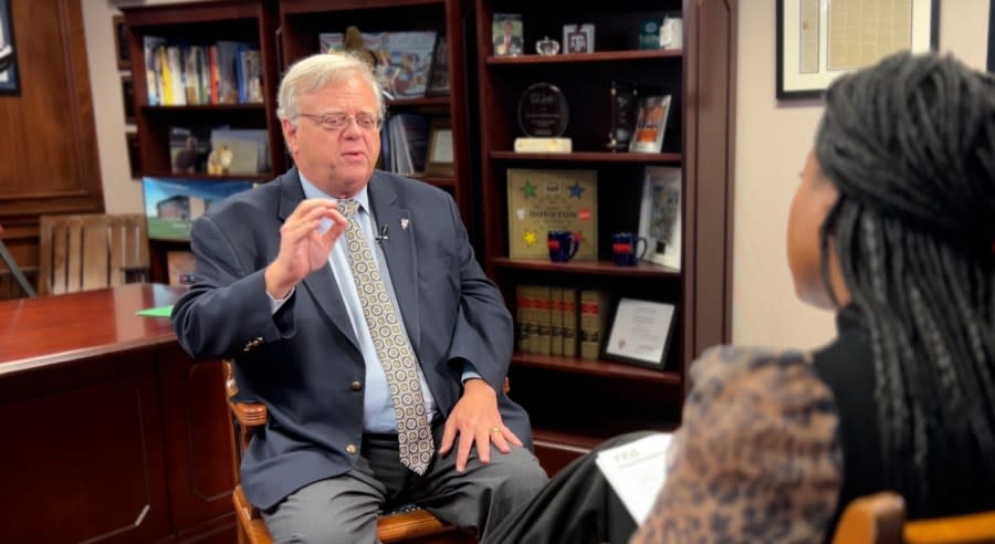 Texas Sen. Paul Bettencourt, R-Houston, interviews with KXAN Investigative Reporter Kelly Wiley. (KXAN Photo/Chris Nelson)