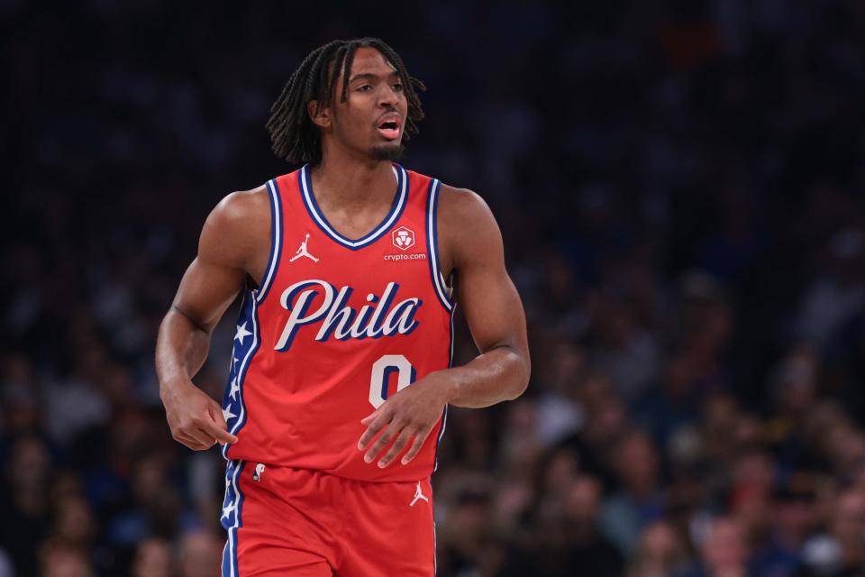 Philadelphia 76ers guard Tyrese Maxey (0) runs up court during the first half during Game 2 of the first round for the 2024 NBA playoffs against the New York Knicks at Madison Square Garden.