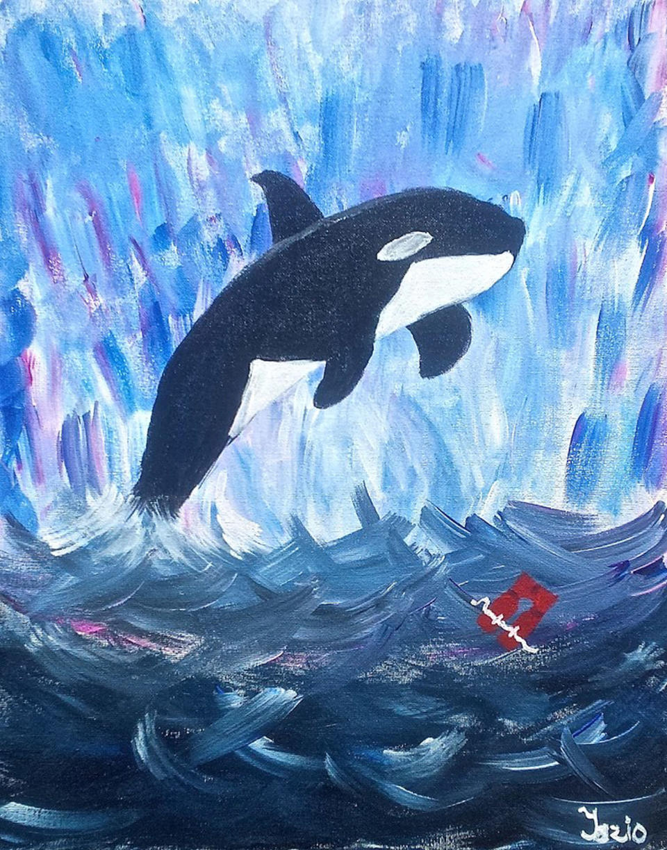 <p>“Shamu Celebrates with Sushi”: The artist has portrayed the late Shamu the killer whale in midbreech after enjoying a sushi dinner. MOBA curators believe she is celebrating the news that SeaWorld will no longer present demeaning orca theatrical shows. (Photo: MOBA/Caters News) </p>