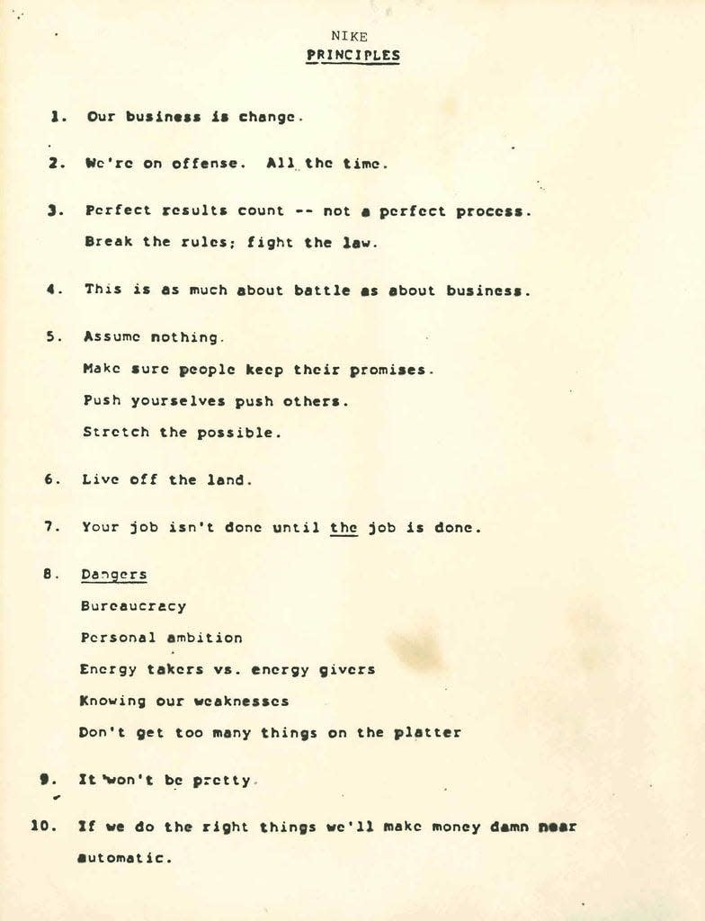 A 1977 Nike memo describing the company's "principles"