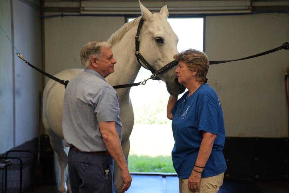 May 21, 2024; Leonia, NJ, USA; (Left) County Executive Jim Tedesco talks with Lillian Corcoran, Chief Executive Officer of the Women’s Rights Information Center in Englewood, during the grand opening of the Equine Wellness and Equine Emotional Support Center at Bergen Equestrian Center.