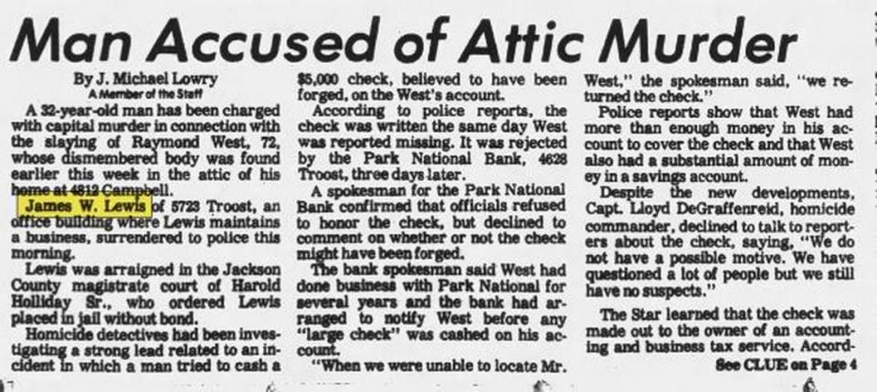 On Friday, Aug. 18, 1978, The Kansas City Star reported that James W. Lewis was arrested and charged with murdering and dismembering a client, Raymond West, 72, at 4812 Campbell St. He wasn’t read his Miranda rights, and was later freed. The Kansas City Star