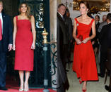 <p>The Duchess of Cambridge opted for a red Preen dress to honor her hosts while on a royal trip to Canada, and the first lady stood out in the fiery color while attending a Mar-a-Lago event. (Photos: Getty Images) </p>