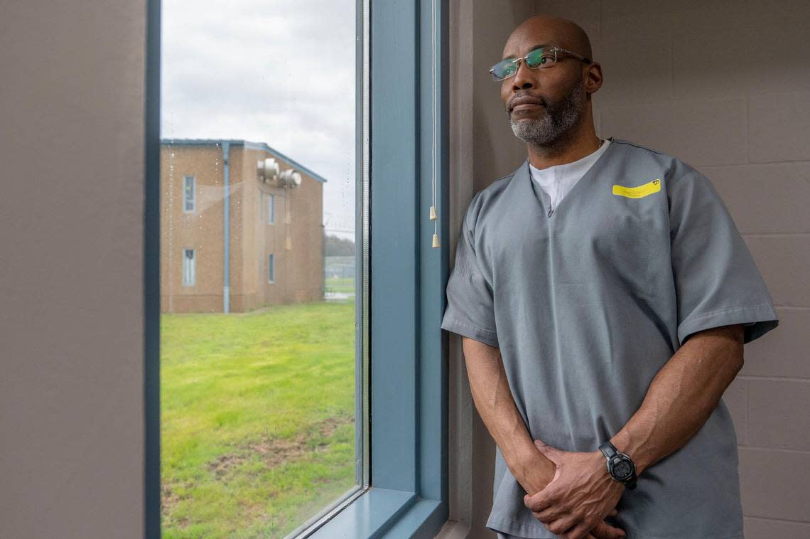 Lamar Johnson, who St. Louis’ circuit attorney says was wrongly convicted in a 1994 murder, speaks at the Jefferson City Correctional Center in Jefferson City on Wednesday, April 20, 2022. Johnson, 48, was convicted in part on the testimony of a jailhouse informant.