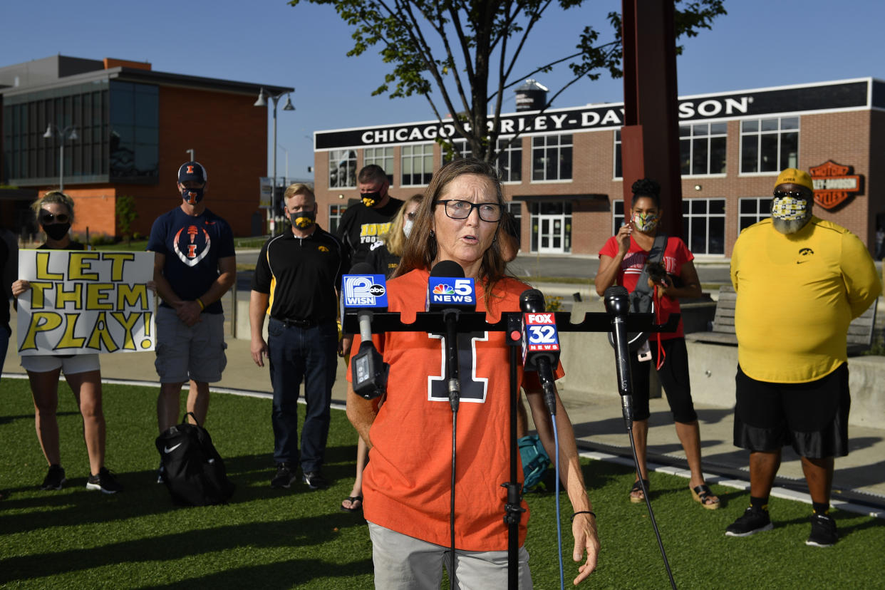 <sup><strong>Big Ten parents protest the initial decision to postpone season. (Quinn Harris/Getty)</strong></sup>