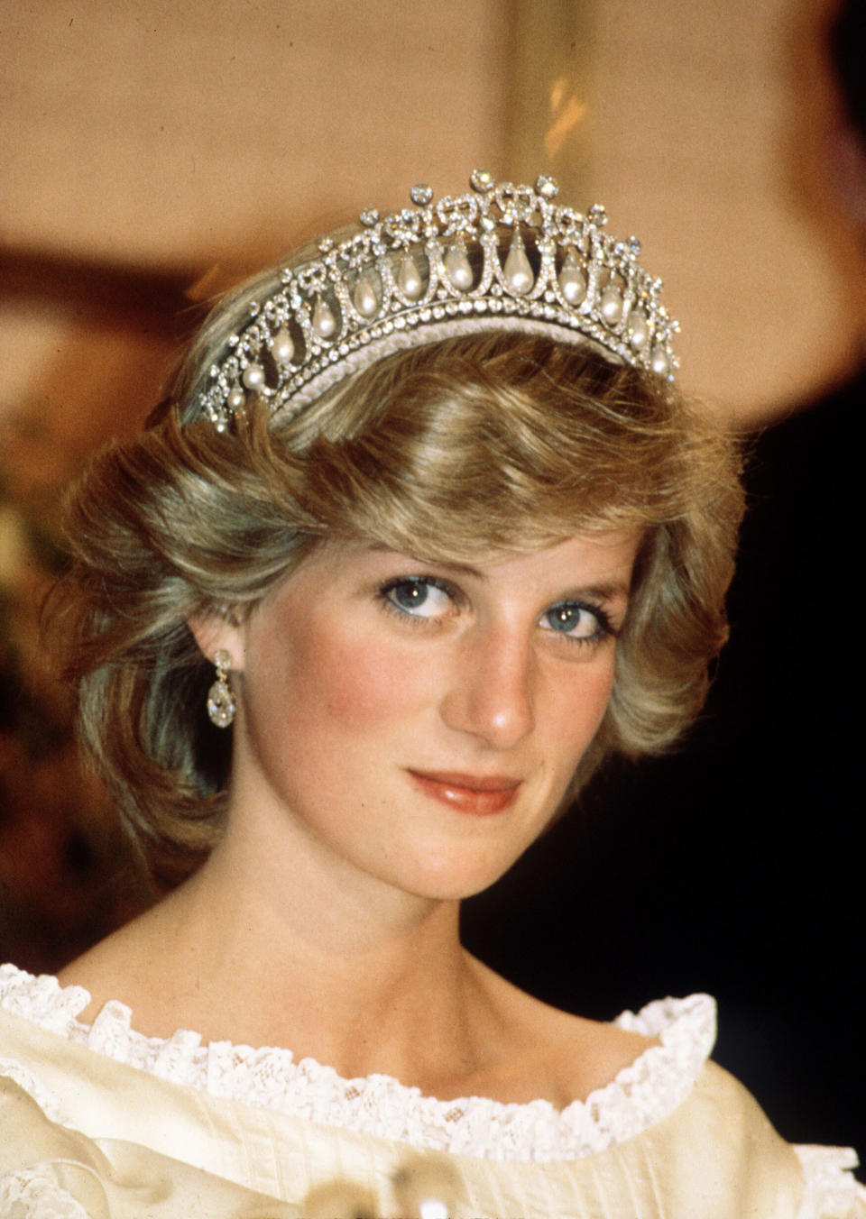 Diana, Princess of Wales, wearing tiara in New Zealand during April 1983.