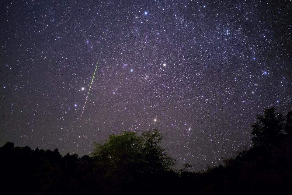 A stock image shows a green fireball streaking a starry sky during the Leonid meteor shower