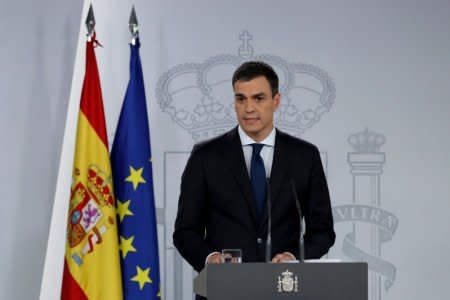 FILE PHOTO: Spain's Prime Minister Pedro Sanchez announces his new cabinet members at the Moncloa Palace in Madrid, Spain, June 6, 2018. REUTERS/Susana Vera/File Photo