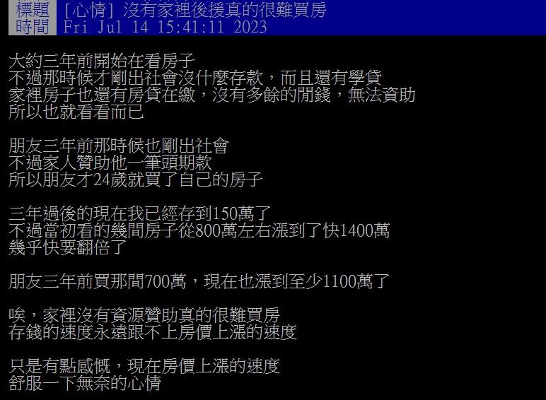 原PO表示，3年前看的房，從800萬漲到快1400萬。（圖／翻攝自PTT）