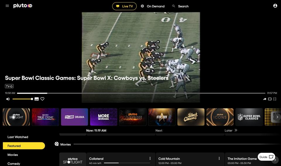 For a limited time, free, ad-supported streaming service Pluto TV has a special NFL Super Bowl Classics channel with non-stop videos of past games.