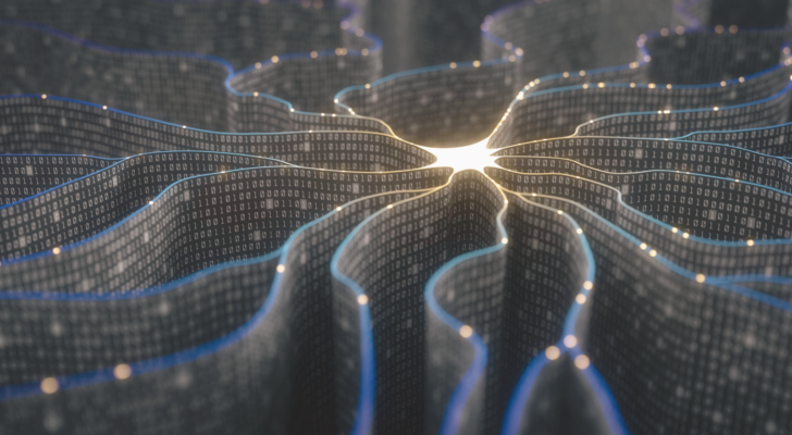 Artificial neuron in concept of artificial intelligence (AI); an image of a wall-shaped binary codes make transmission lines of pulses