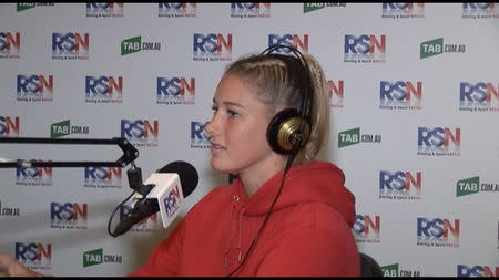 Australian Rules player Tayla Harris talks to the media in Melbourne, Australia March 20, 2019 in this still image taken from a video obtained from social media on March 21, 2019. RSN927am Breakfast Club/via REUTERS