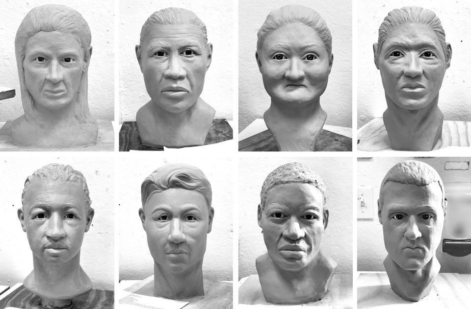 Final busts of unidentified persons from the Forensic Skull Sculpture Workshop at Ringling College of Art and Design. If you think one of the sculptures looks like a known missing person, please contact National Missing and Unidentified Persons System (NamUs) at namus.nij.ojp.gov