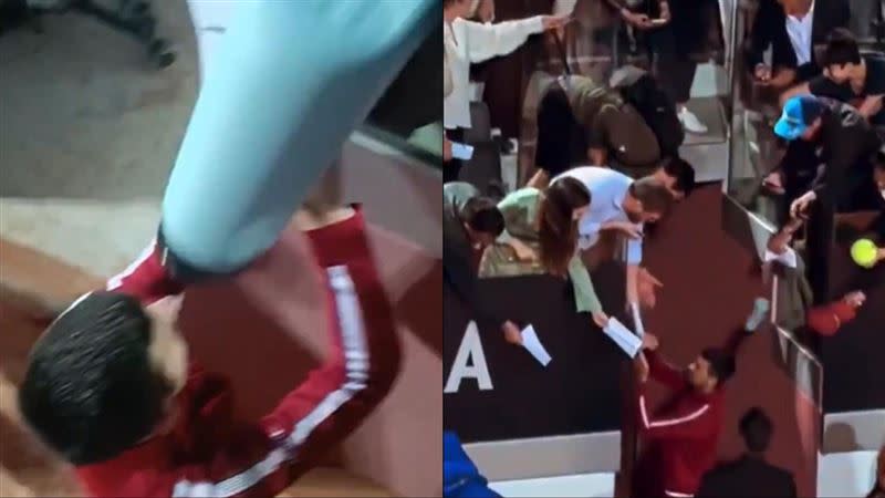 世界球王喬科維奇在幫球迷簽名時意外遭空降的水壺砸中頭部。（圖／翻攝自X）