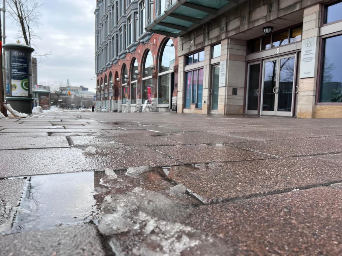 Snow melts in downtown Ottawa on the second-consecutive day of record-setting warmth. (David Bates/Radio-Canada - image credit)