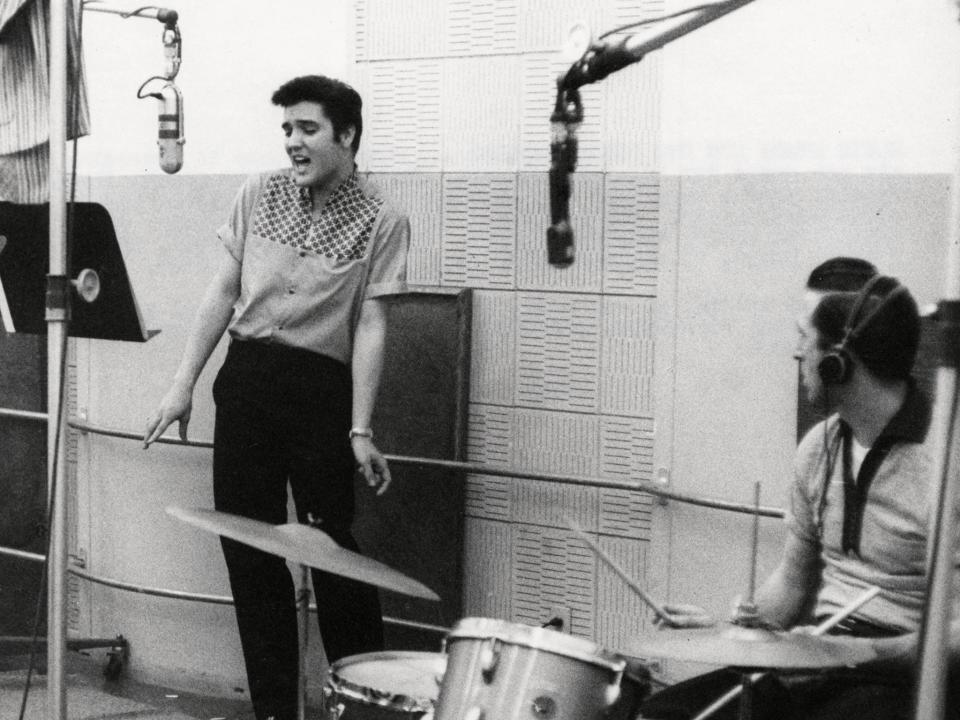 Fontana (right) with Presley recording 'Jailhouse Rock' at Radio Recorders, Hollywood, California, in May 1957: Rex