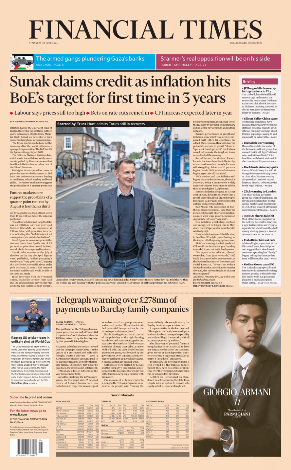 The front page of the Financial Times, whose main headline reads "Sunak claims credit as inflation hits BoE's target for first time in 3 years"