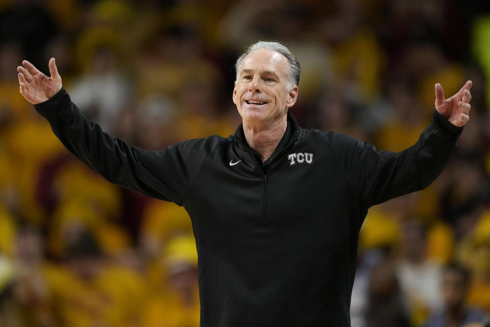 TCU head coach Jamie Dixon reacts to a call during the first half of an NCAA college basketball game against Iowa State, Saturday, Feb. 10, 2024, in Ames, Iowa. (AP Photo/Charlie Neibergall)