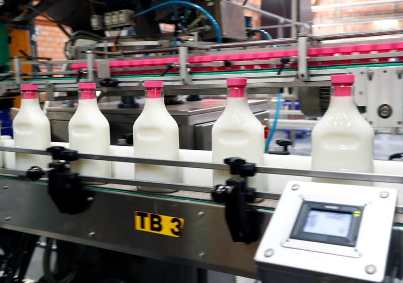 Bottles of cleaning liquid are seen on the production line at the Ecover factory in Malle