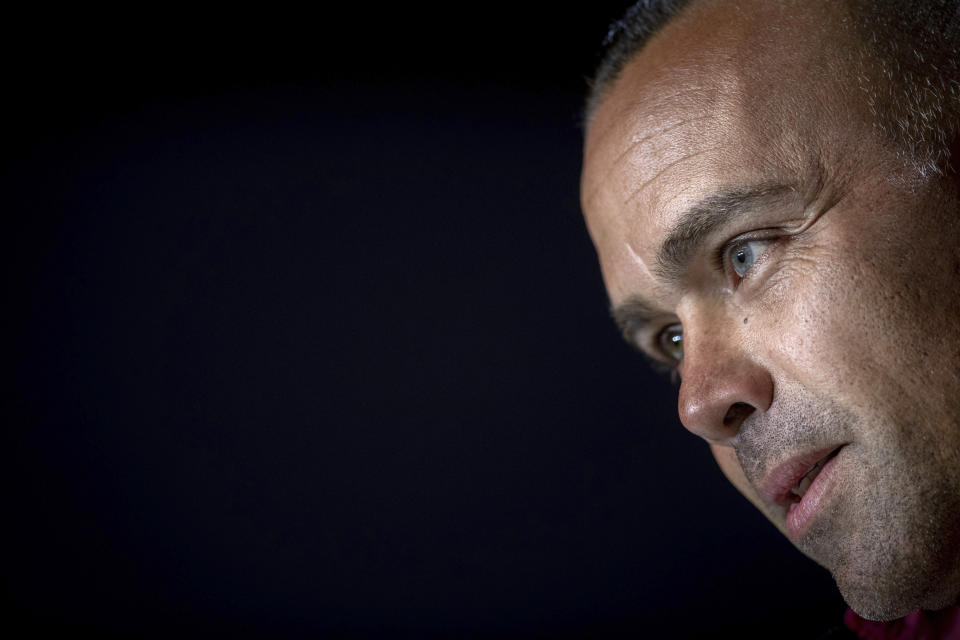 Venezuela's national soccer team coach Rafael Dudamel attends a press conference in Madrid, Spain, Thursday, March 21, 2019. Venezuela will play a friendly soccer match against Argentina on Friday. (AP Photo/Bernat Armangue)