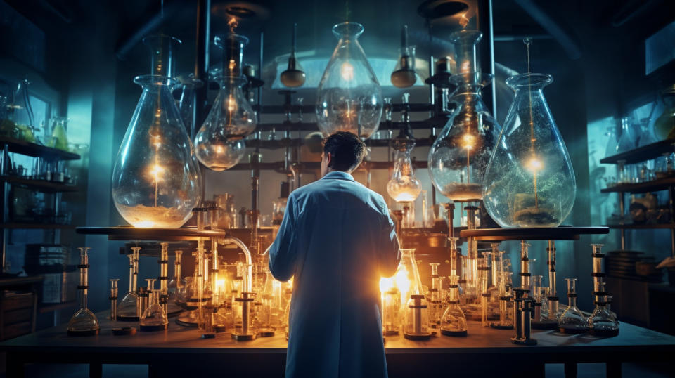 A laboratory full of vials, tubes and Bunsen burners, with a scientist in the center examining a chemical.