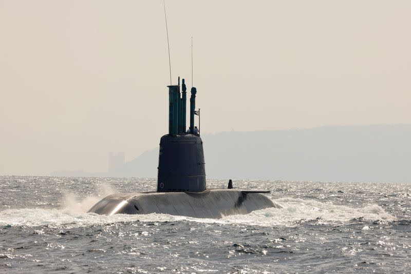 Israeli navy submarine Leviathan is seen during a naval manoeuvre in the Mediterranean Sea off the coast of Haifa