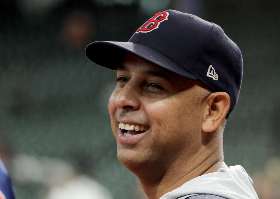 Boston Red Sox manager Alex Cora watches during batting practice before Game 3 of a baseball American League Championship Series against the Houston Astros on Tuesday, Oct. 16, 2018, in Houston. (AP Photo/Frank Franklin II)