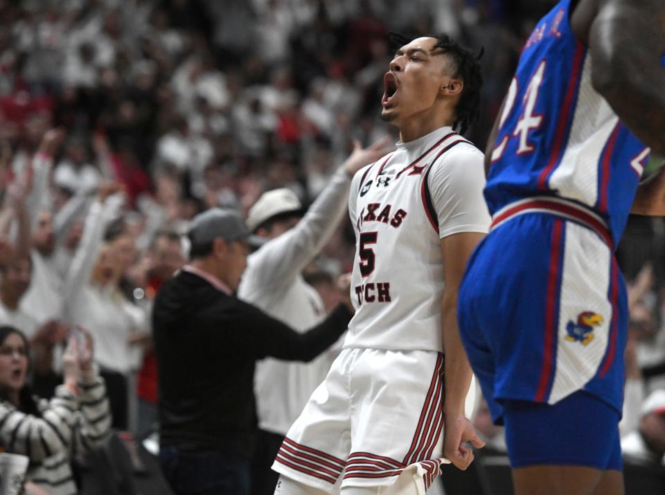 Texas Tech's guard Darrion Williams (5) celebrates his 3-pointer against Kansas in a Big 12 basketball game, Monday, Feb. 12, 2024, at United Supermarkets Arena.