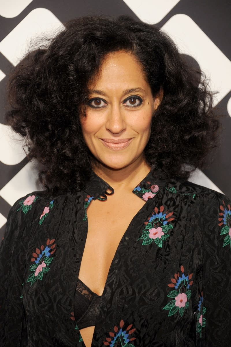 Actress Tracee Ellis Ross is pictured with voluminous curls whilst arriving at Diane Von Furstenberg's 