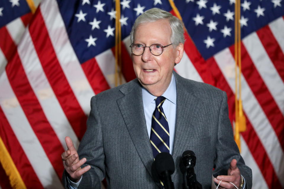 U.S. Senate Minority Leader Mitch McConnell (R-KY) speaks to reporters after the weekly Republican caucus policy luncheon on Capitol Hill in Washington, U.S., January 26, 2021.  (Jonathan Ernst/Reuters)