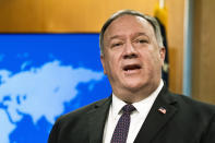 Secretary of State Mike Pompeo speaks during a news conference at the State Department, Wednesday, Oct. 14, 2020, in Washington. (AP Photo/Manuel Balce Ceneta, POOL)